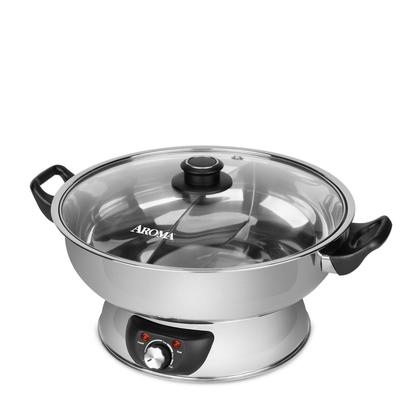 Imagem de Aroma Utilidades Domésticas ASP-610 Dual-Sided Shabu Hot Pot, 5Qt, Aço Inoxidável Aroma Utilidades Domésticas 3 Não Cozido / 6 Copos Cozido Panela de Arroz, Vaporizado, Multicooker, 2-6 xícaras, Preto