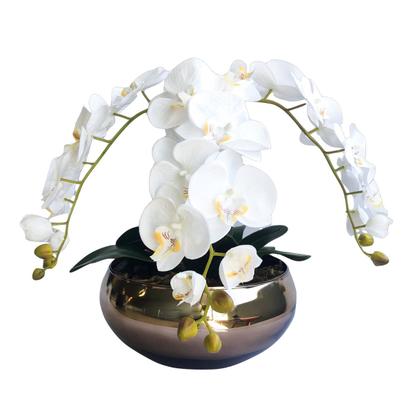 Imagem de Arranjo com Três Hastes de Orquídeas Brancas no Vaso Bronze