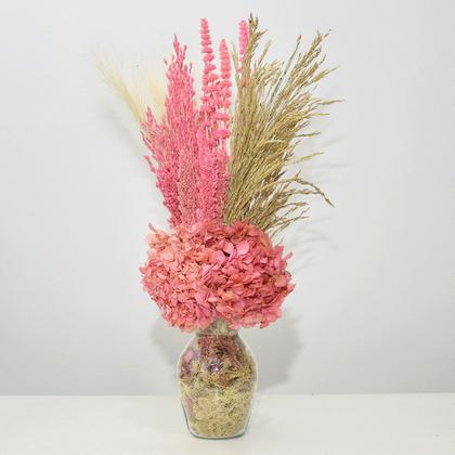 Imagem de Arranjo de flores desidratadas com hortênsia rosa + vaso de vidro