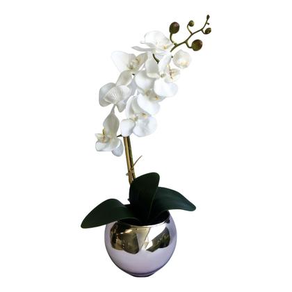 Imagem de Arranjo de Orquídea Artificial Branca no Vaso Prateado P
