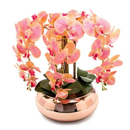 Imagem de Arranjo Grande Centro De Mesa 8 Cadeiras Orquídea Artificial Vaso Vidro Rosê Espelhado