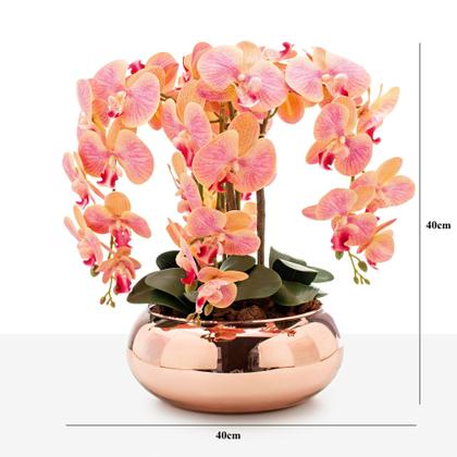 Imagem de Arranjo Grande Centro De Mesa 8 Cadeiras Orquídea Artificial Vaso Vidro Rosê Espelhado