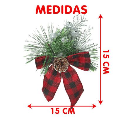 Imagem de Arranjo Laço Pinheiro Enfeite Natalino Xadrez 15cm Kit 12pçs