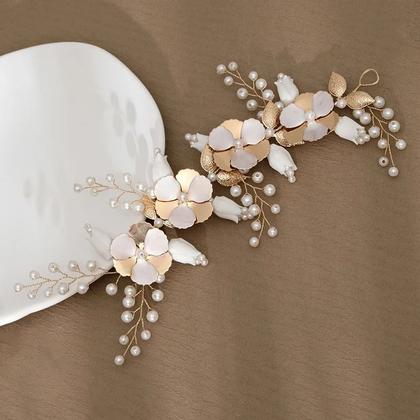 Imagem de Arranjo Tiara Pérolas Cabelo Flores Noivas Madrinhas Dourado