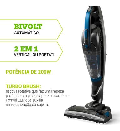 Imagem de Aspirador de Pó 2 em 1 Philco PAS56 Sem Fio Vertical e Portátil Bivolt Automático 200W Filtro Hepa Reservatório 1L Turbo Brush Led Cinza Azul