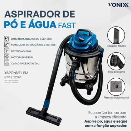Imagem de Aspirador de Pó e Agua Fast Limpeza Eficiente e Completa com Potência Profissional Vonixx