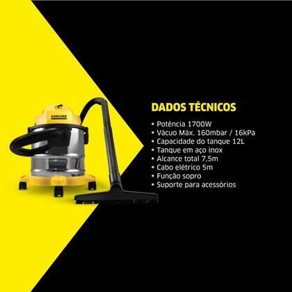 Imagem de Aspirador de Pó e Água Kärcher WDL 1s 1700W Tanque 12L Alcance de 7,5 m Filtro HEPA e Função Soprador