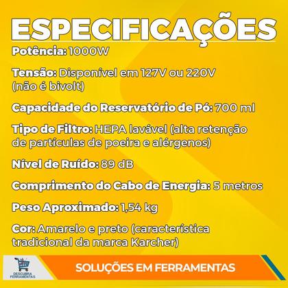 Imagem de Aspirador de Pó Karcher VCL 1 1000W Vertical 2 em 1 com Filtro HEPA Lavável 700ml Compacto Leve Ideal para Casa, Pets, Estofados e Pisos Domésticos