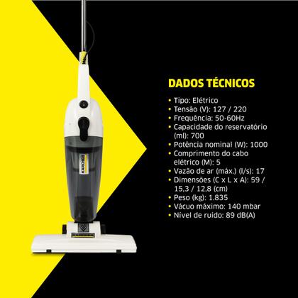 Imagem de Aspirador de Pó Vertical Kärcher VCL 1 com Filtro Hepa 2 em 1 - 1.000W 127v
