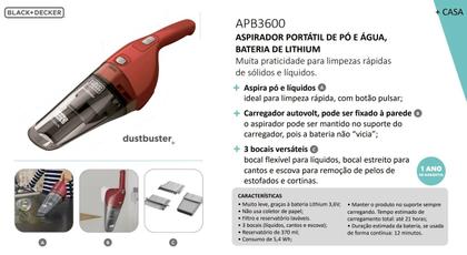 Imagem de Aspirador Pó Água Portátil Sem fio Black Decker Recarregável APB3600 Bateria Filtro Lavável