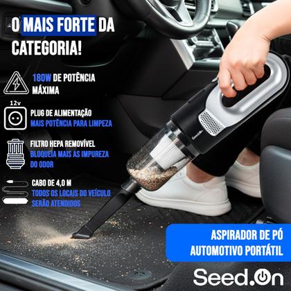 Imagem de Aspirador Portátil De Mão Automotivo Preto 12v 180W Cabo Bico Extra Longo 4m e Filtro Hepa Lavável Removível Seed On