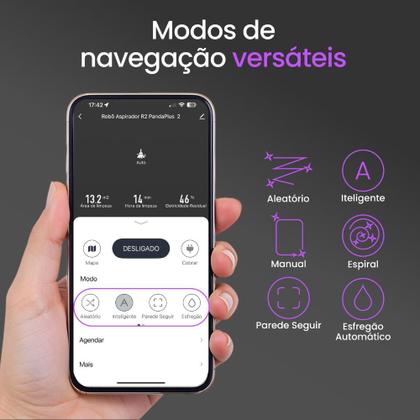 Imagem de Aspirador Robô AMGR2 WiFi App Alexa Google PandaPlus Giro Mapeamento Rota Pano Mop Base Automática Controle Bivolt