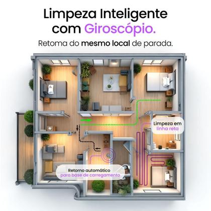 Imagem de Aspirador Robô AMGR2 WiFi App Alexa Google PandaPlus Giro Mapeamento Rota Pano Mop Base Automática Controle Bivolt