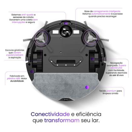 Imagem de Aspirador Robô AMGR2 WiFi App Alexa Google PandaPlus Giro Mapeamento Rota Pano Mop Base Automática Controle Bivolt