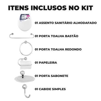 Imagem de Assento Vaso Sanitário Almofadado Branco+ Kit Banheiro 5 Pçs