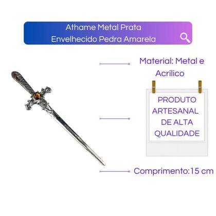 Imagem de Athame Metal Prata Envelhecido 15 cm Pedra Amarela