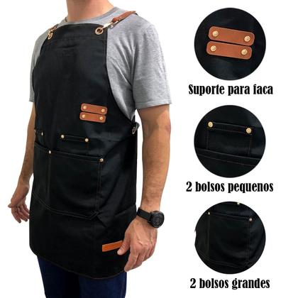 Imagem de Avental Ajustável Churrasco Cozinha Garçom Bolso Oxford