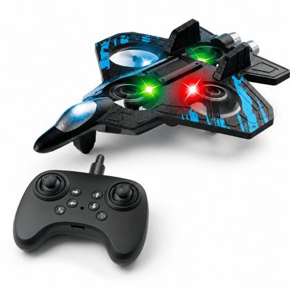 Imagem de Avião Drone Controle Remoto Infantil Caça Jato 2.4GHz Sensor de Obstáculos Giro 360 Luz LED Bateria Recarregável Antichoque Menino