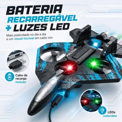Imagem de Avião Drone Controle Remoto Infantil Caça Jato 2.4GHz Sensor de Obstáculos Giro 360 Luz LED Bateria Recarregável Antichoque Menino