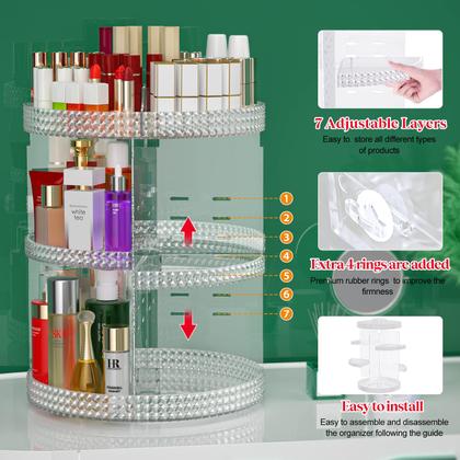 Imagem de Awenia Makeup Organizer 360-Degree Rotating, Armazenamento de Maquiagem Ajustável, 7 Camadas de Grande Capacidade Unidade de Armazenamento de Cosméticos, Adapta-se a Diferentes Tipos de Cosméticos e Acessórios, Plus Size (Transparente)