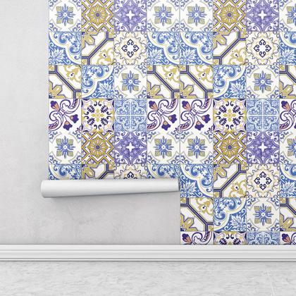 Imagem de Azulejo Adesivo Fosco em Tons Azul Bege Amarelo e Branco para Cozinha 1 Metro