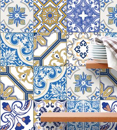 Imagem de Azulejo Adesivo Fosco em Tons Azul Bege Amarelo e Branco para Cozinha 1 Metro