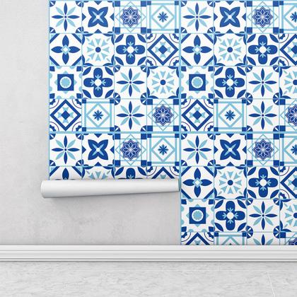 Imagem de Azulejo Adesivo Lavável Azulejo com Desenho Grego Azul para Cozinha 1 Metro