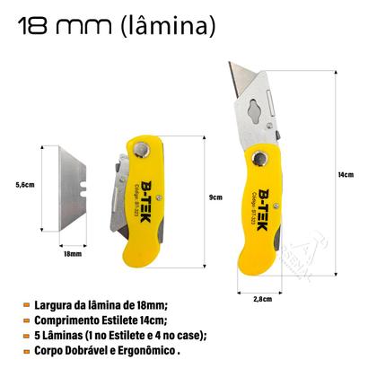 Imagem de B-TEK - Estilete Canivete Dobrável Profissional 18mm 5 Lâminas