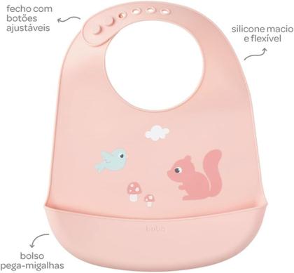 Imagem de Babador Buba De Silicone Com Pega Migalhas Cloudy Esquilo Rosa