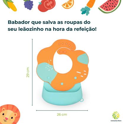 Imagem de Babador de silicone para bebês com bolso "segura" alimentos e botões para ajuste de altura (cor: Verde com laranja)