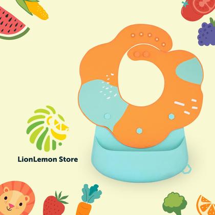 Imagem de Babador de silicone para bebês com bolso "segura" alimentos e botões para ajuste de altura (cor: Verde com laranja)