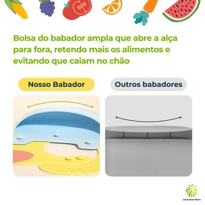 Imagem de Babador de silicone para bebês com bolso "segura" alimentos e botões para ajuste de altura (cor: Verde com laranja)