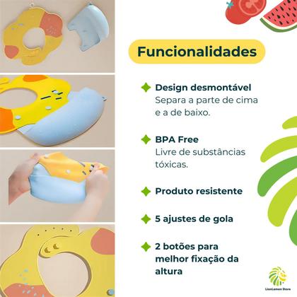 Imagem de Babador de silicone para bebês com bolso "segura" alimentos e botões para ajuste de altura (cor: Verde com laranja)