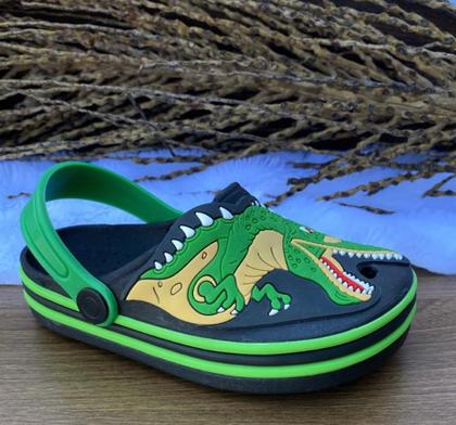 Imagem de Babuche Infantil Masculino Dinossauro T-Rex Preto com Verde Fachetado