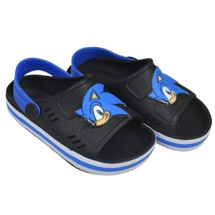 Imagem de Babuche Infantil Sandália Papete Kit Lancheira Com Squeeze E Pulseira Sonic Menino Azul