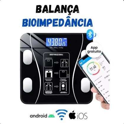 Imagem de Balança Corporal Preta Vidro Bluetooth Completa Bioimpedância App 140kg