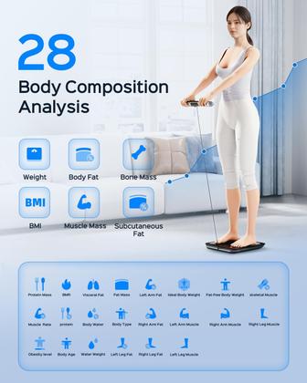 Imagem de Balança Corporal Tychesy Body Pod, Balança Inteligente com 8 Sensores e Analisador de Composição Corporal, Monitor Digital para Banheiro Mede Gordura, Massa Muscular, IMC, Sincroniza com App para 24 Usuários