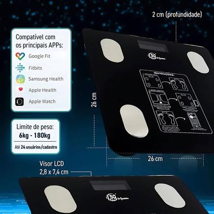 Imagem de Balança Digital Bioimpedância Peso Até 180kg Com Bluetooth e Aplicativo Para Medir Massa Corporal Gordura IMC