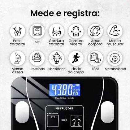 Imagem de Balança Digital Bioimpedância Peso Até 180kg Com Bluetooth e Aplicativo Para Medir Massa Corporal Gordura IMC