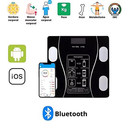 Imagem de Balança Digital Bioimpedância Peso Até 180kg Com Bluetooth e Aplicativo Para Medir Massa Corporal Gordura IMC