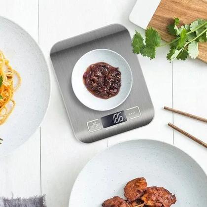 Imagem de Balança digital de cozinha em aço inox  compacta, até 10kg, tela lcd e função tara