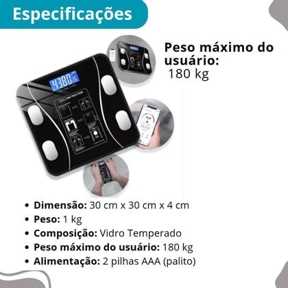 Imagem de Balança Digital Inteligente Bluetooth Preto Completa App 180kg