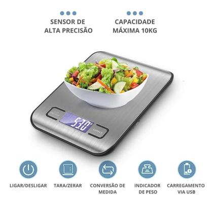 Imagem de Balança Digital Portátil 10kg Recarregável Cozinha Alta Precisão