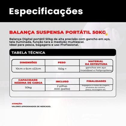 Imagem de Balança Digital Portátil de Mão 50kg para Mala Viagem Pesca com Gancho LCD