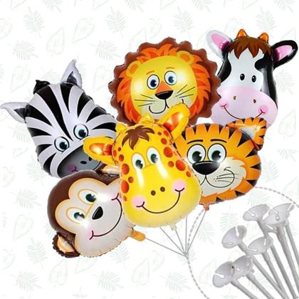 Imagem de Balão Animais Safari Metalizado 55cm, Vareta Pega Balão, Kit 6 Balões Metalizados Animais + 6 Varetas Pega Balão