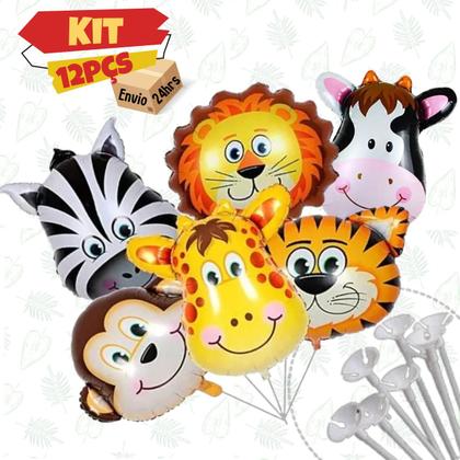 Imagem de Balão Animais Safari Metalizado 55cm, Vareta Pega Balão, Kit 6 Balões Metalizados Animais + 6 Varetas Pega Balão