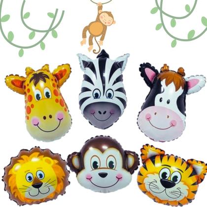 Imagem de Balão Animais Safari Metalizado 55cm, Vareta Pega Balão, Kit 6 Balões Metalizados Animais + 6 Varetas Pega Balão