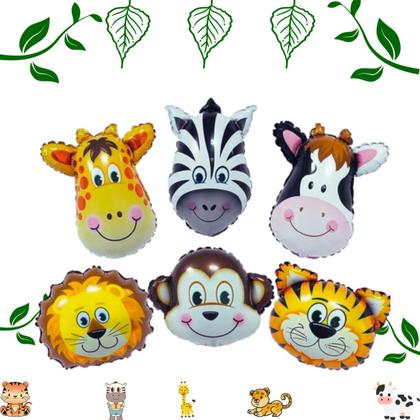 Imagem de Balão Animais Safari Metalizado 55cm, Vareta Pega Balão, Kit 6 Balões Metalizados Animais + 6 Varetas Pega Balão
