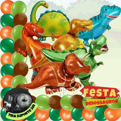 Imagem de Balão Dinossauro Metalizado, Balão Bexiga, Kit 6 Balões Dinossauros Metalizados + 140/190 Balões Bexiga, Festa Jurássica