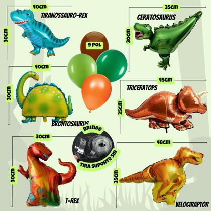Imagem de Balão Dinossauro Metalizado, Balão Bexiga, Kit 6 Balões Dinossauros Metalizados + 140/190 Balões Bexiga, Festa Jurássica